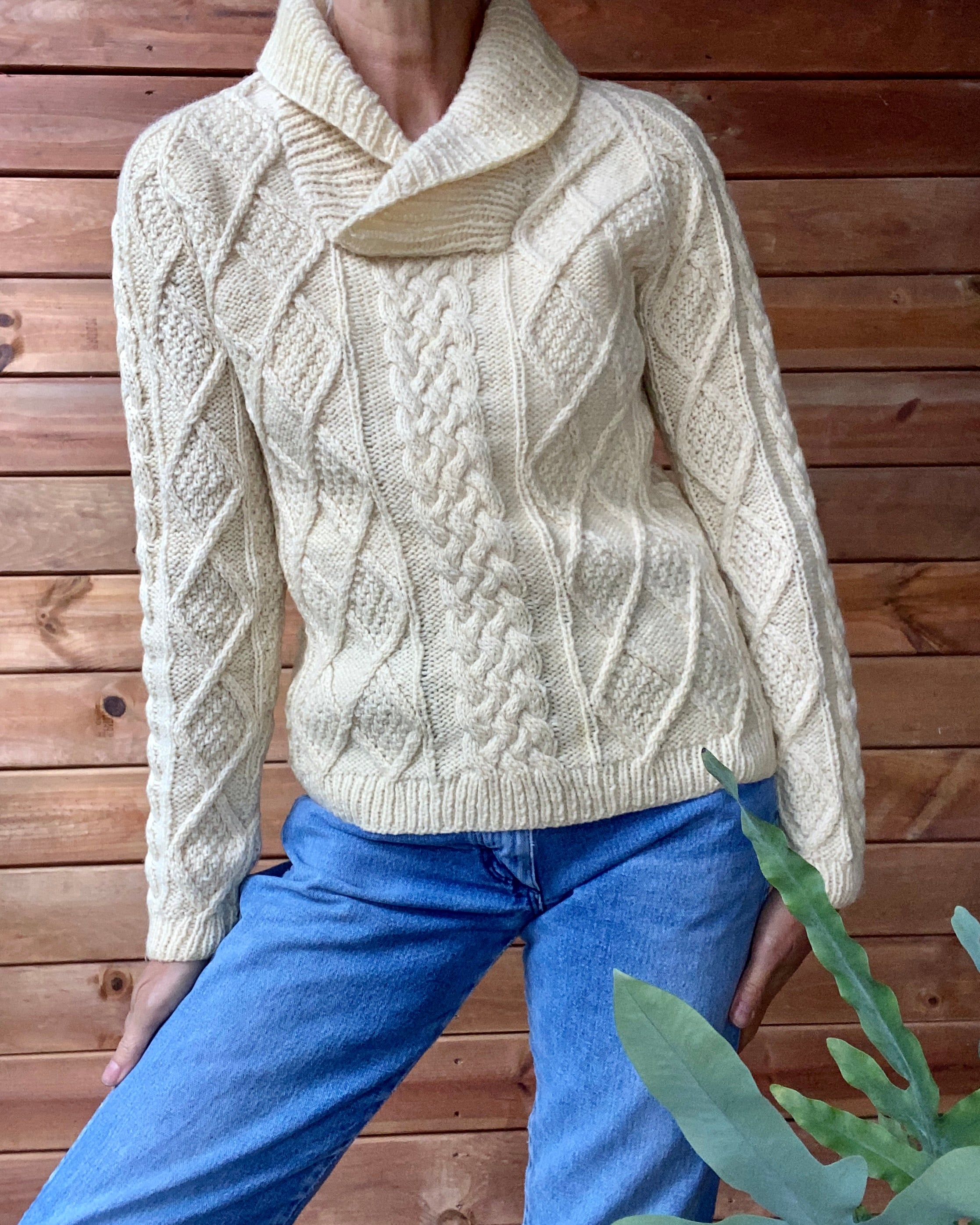 Vintage Handknit Cream Irish Fisherman Cable Sweater with Shawl Collar S M