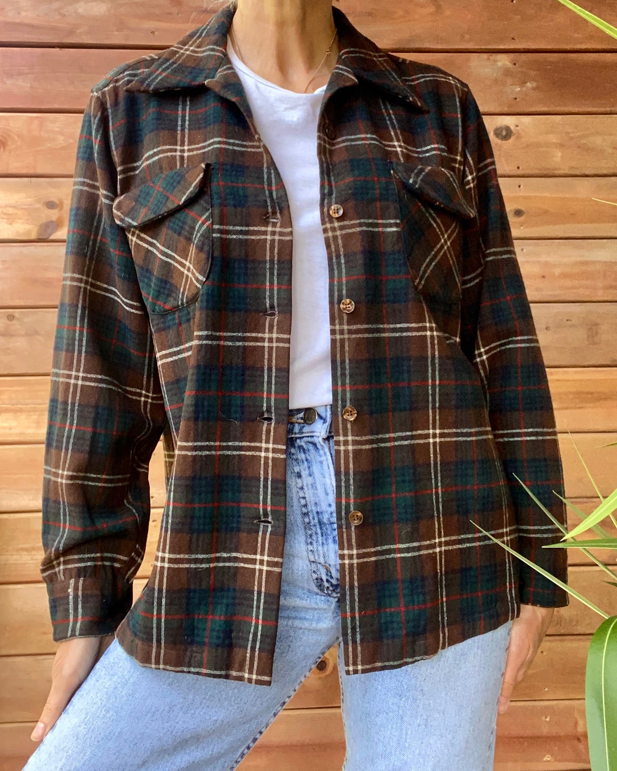 Vintage 1960s Pendleton Woolen Mills Plaid Flannel Loop Button Shirt Jacket USA