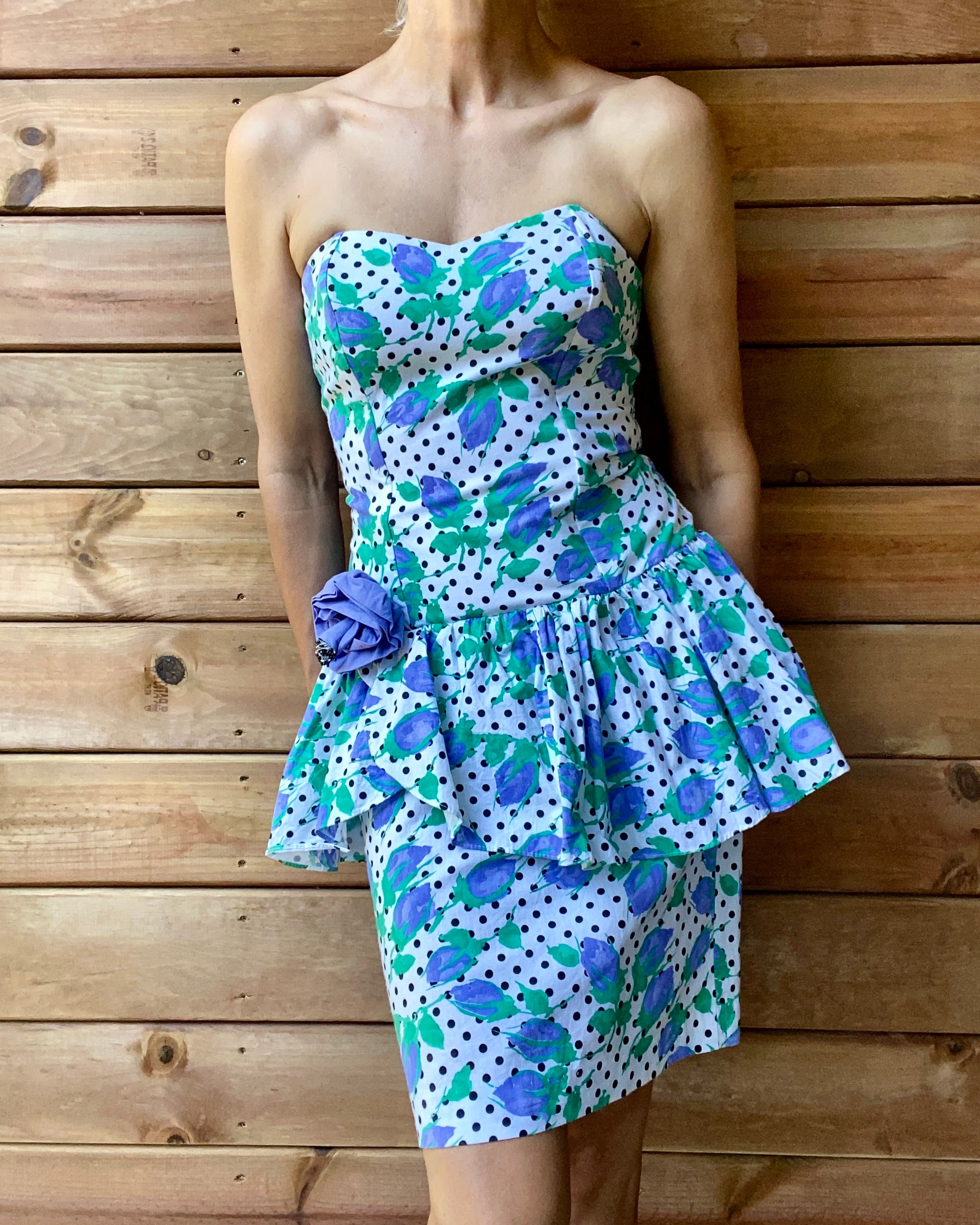 Vintage 1980s Cotton Polka Dot With Purple Rose Print Bustier Dress and Ruffle Peplum - Union Made ILGWU in USA Size M