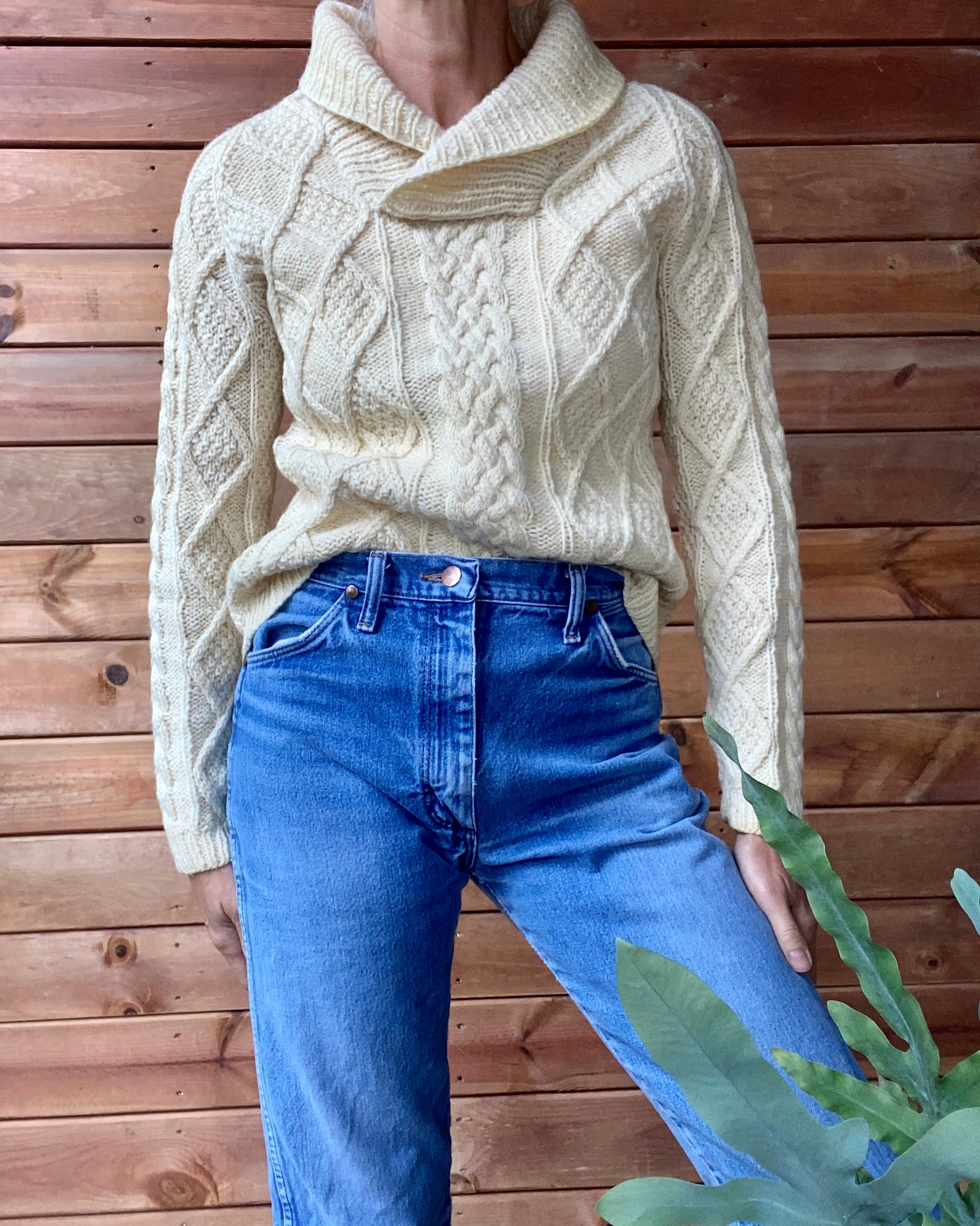 Vintage Handknit Cream Irish Fisherman Cable Sweater with Shawl Collar S M