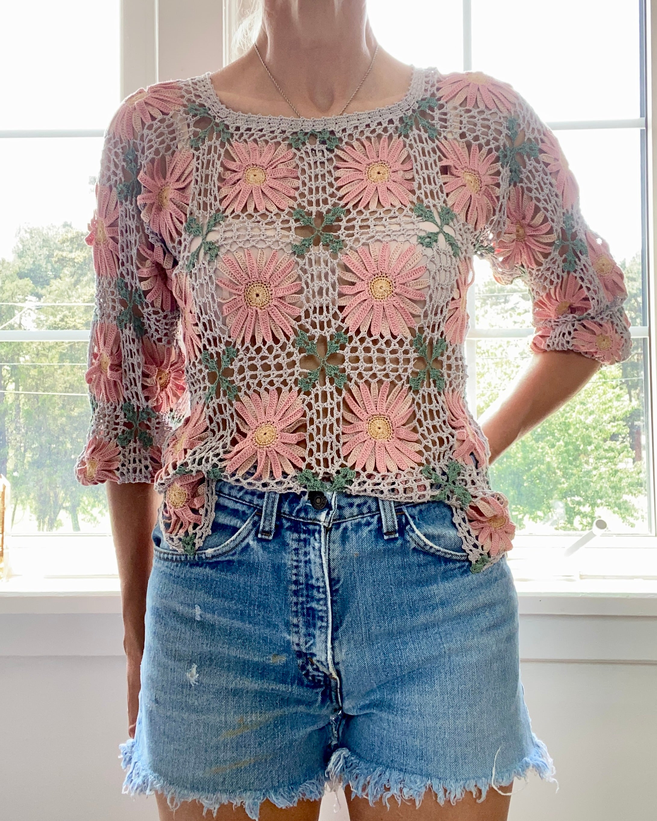 VINTAGE Pima Cotton Crochet Floral Patchwork Top