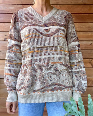 Vintage 1990s Grandpa Patterned Retro VNeck Sweater M L