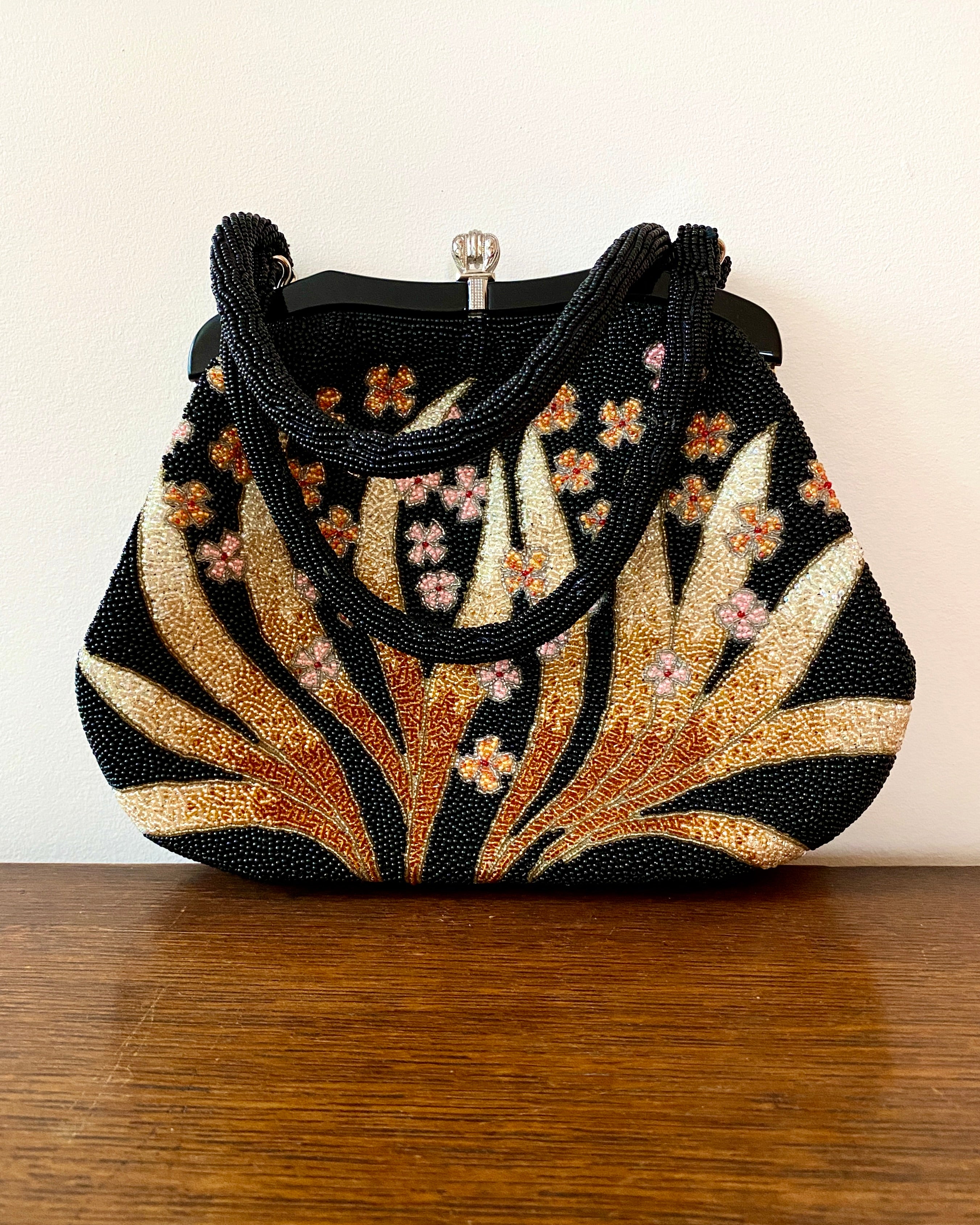 Vintage 1950s Fine Hand Beaded Black Handbag with Flower and Leaf Pattern Mint Condition