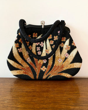 Vintage 1950s Fine Hand Beaded Black Handbag with Flower and Leaf Pattern Mint Condition
