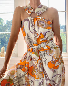 VINTAGE 1960s Silk Floral Abstract Print Halter Dress