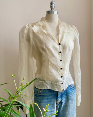 Vintage 1990s MISS TORRENTE Sheer Ivory 100% Silk Organza Blouse With gathered Sleeves 40 M