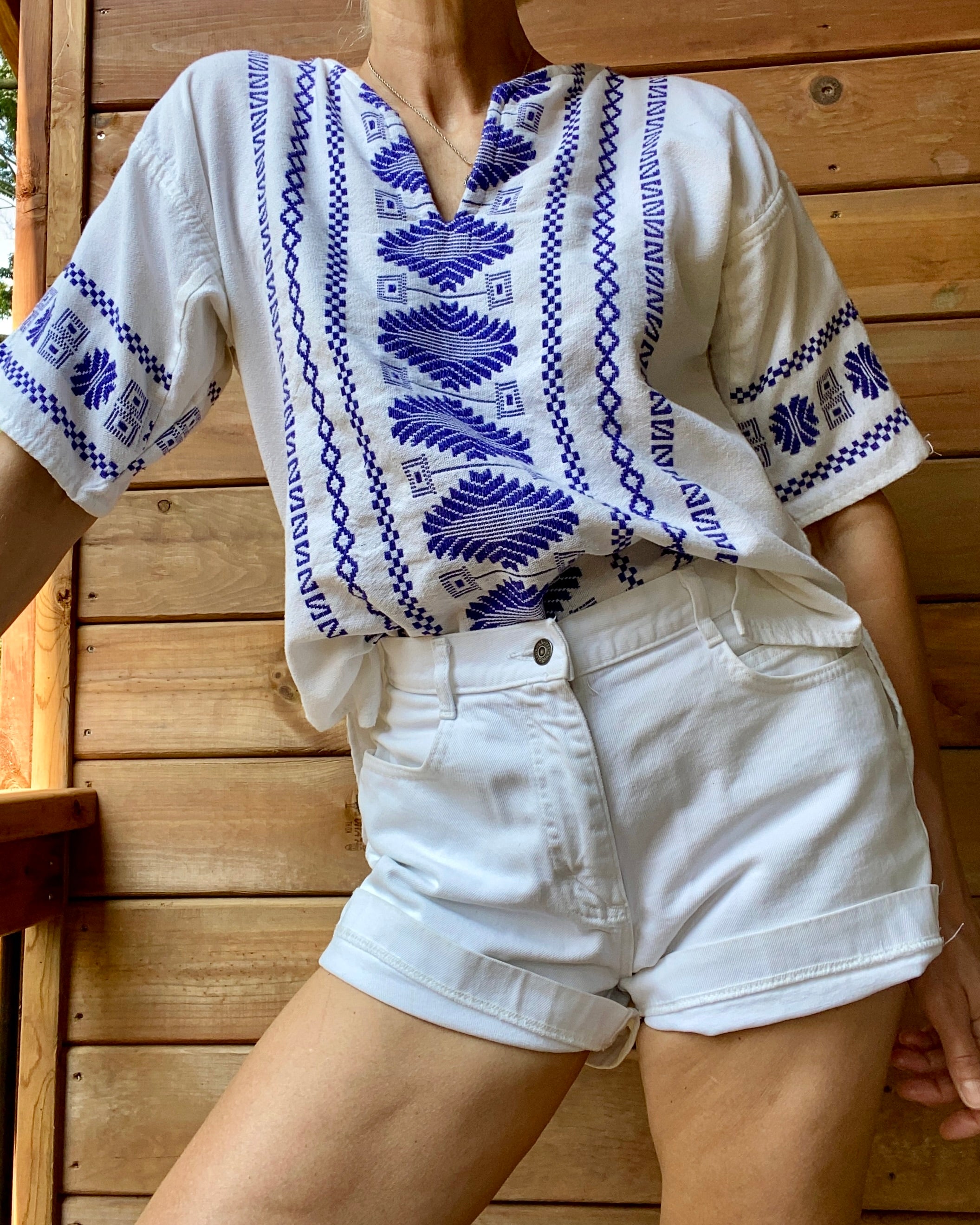 VINTAGE Cotton Guatemalan Grecian Style Embroidered Short Sleeve Surf Tunic Top M L