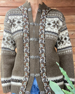 Vintage FJORD FASHION Ski Setesdal Fair Isle Norwegian Brown Sweater Cardigan M