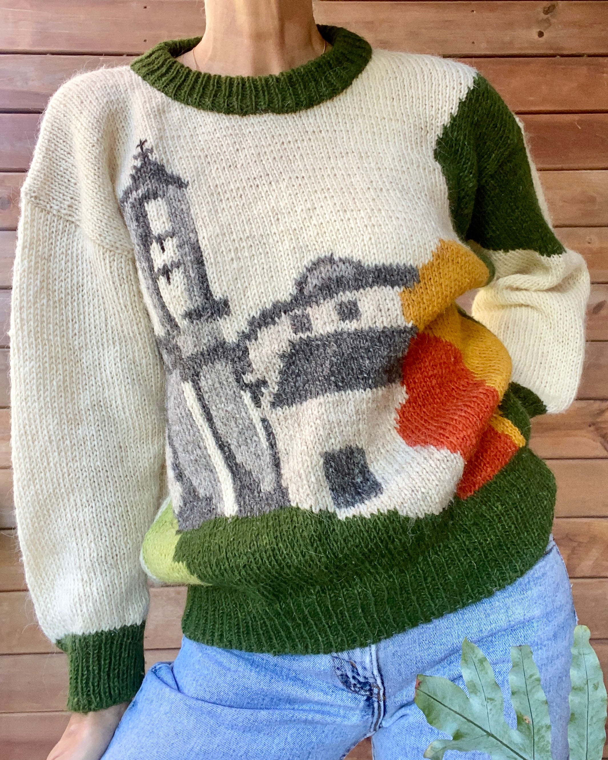 Vintage 1990s LANA CORSA Wool Scenic Country Village Landscape Folk Sweater Made in France M