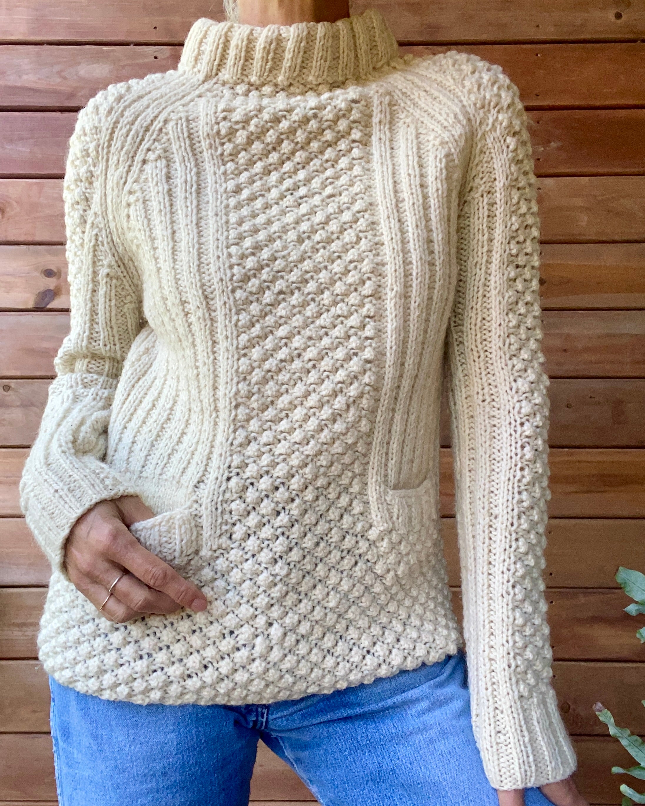 Vintage Handknit Cream Bobble Fisherman Sweater M