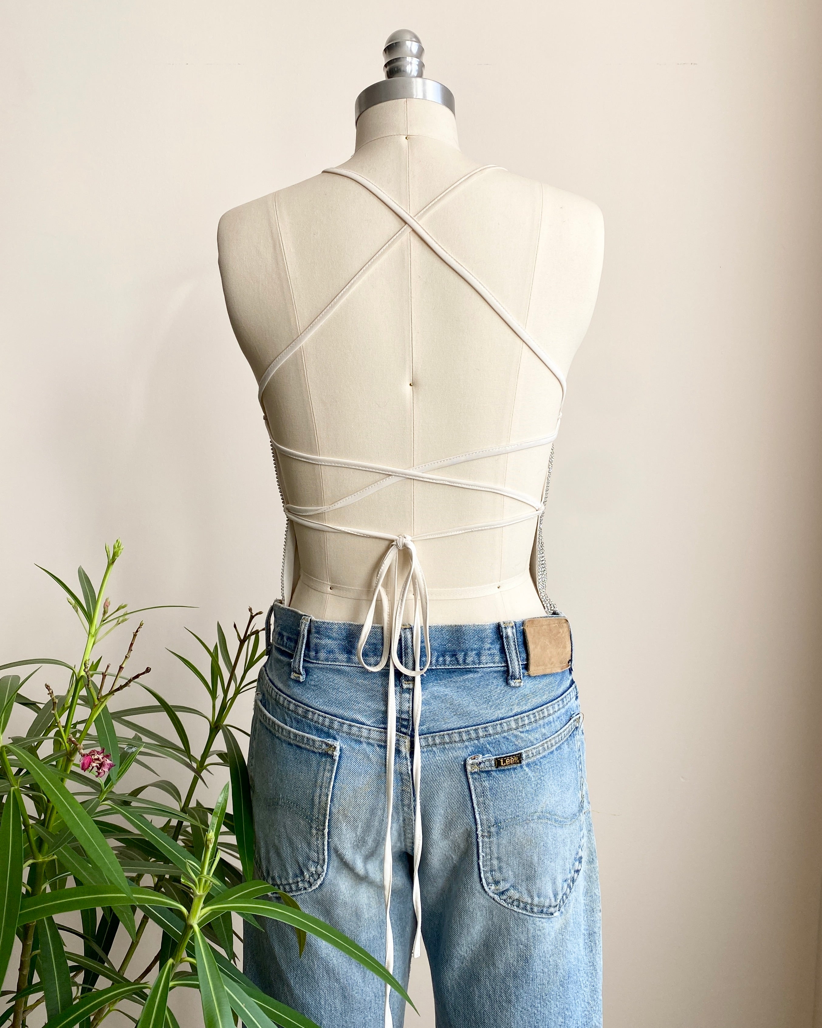 Vintage 1990s Rhinestone Chain Mail / Metal Mesh / Metal Net Cowl Neck Spaghetti Strap Top SM 4 6