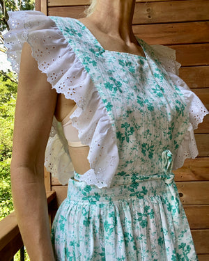 Vintage Pinafore Green Floral and Eyelet Dress  M L