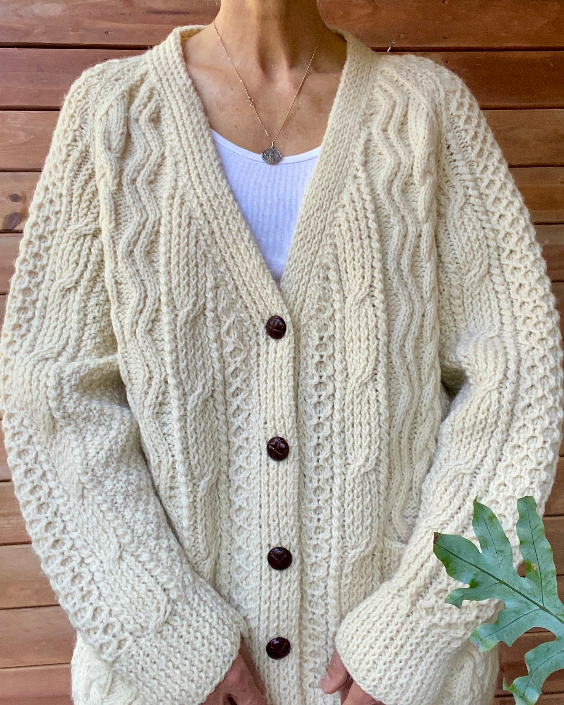 VINTAGE Handknit Fisherman Cable Wool Cardigan L