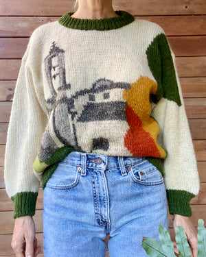 Vintage 1990s LANA CORSA Wool Scenic Country Village Landscape Folk Sweater Made in France M