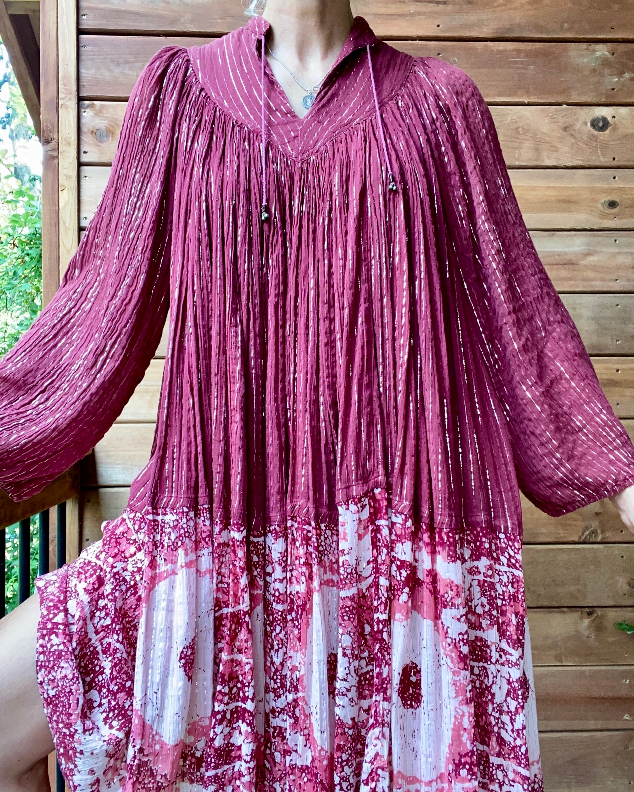 Vintage 1970s PARADIS Indian Cotton Gauze Cherry Red Batik and Lurex Dress