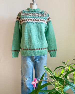 Vintage Hand Knit in New Brunswick COTTAGE CRAFT Tweeds & Yarns Fair Isle Pistachio Wool Sweater S M