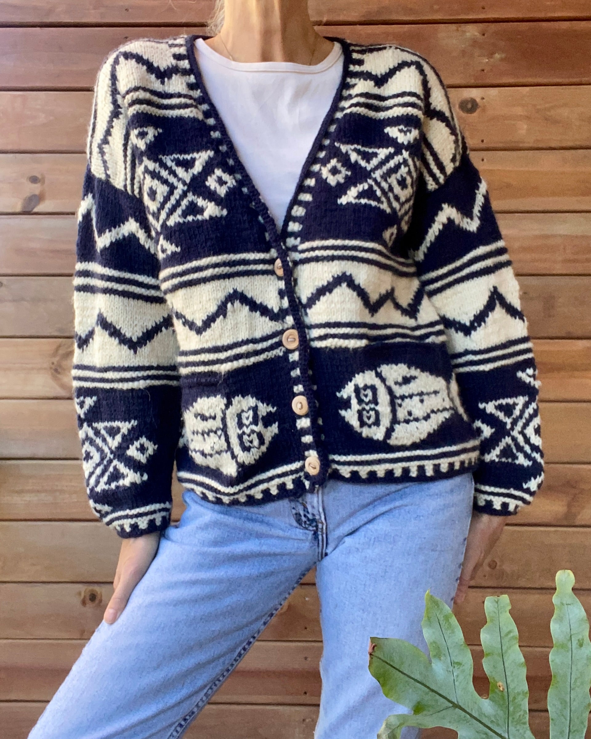 Vintage Hand Knit Navy and Cream Nautical Patterned Wool Cardigan