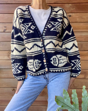 Vintage Hand Knit Navy and Cream Nautical Patterned Wool Cardigan