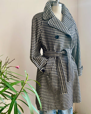 Vintage 1960s MAC CALLUM Black & Ivory Wool Scottish Tweed Check Double Breasted Coat With Belt S or M