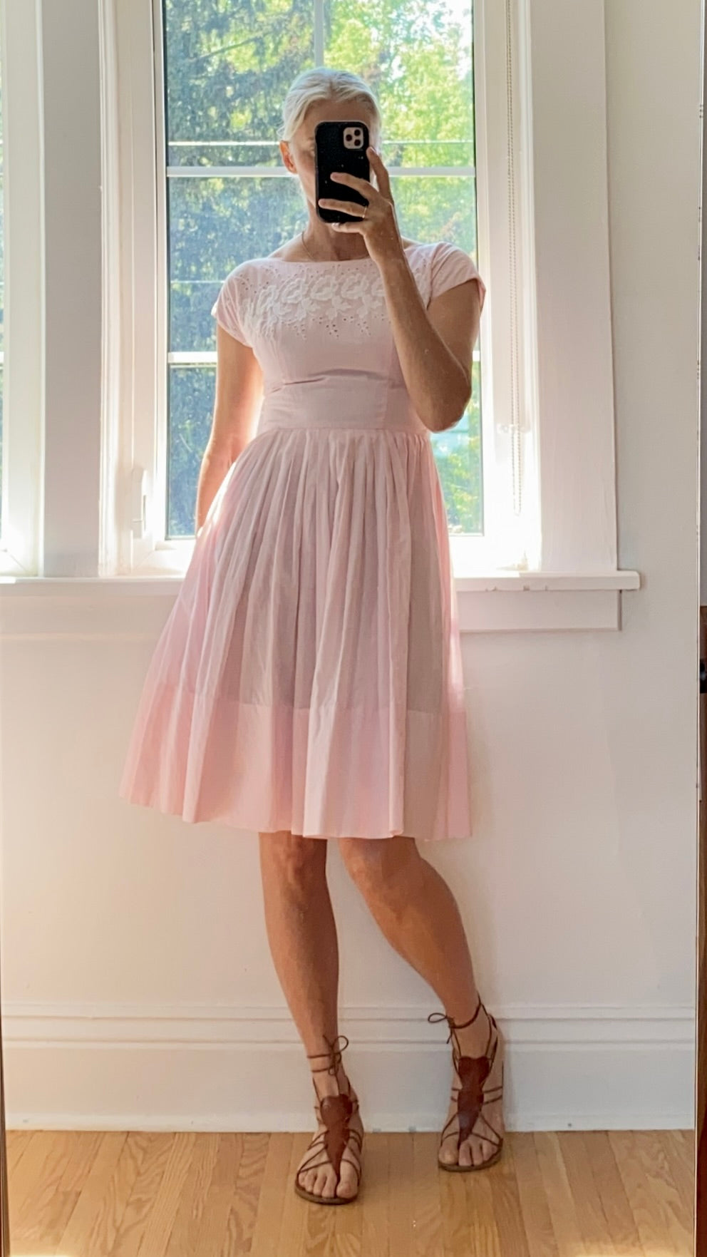 Vintage 1950s Pink Cotton and Lace and Eyelet Pleated Dress M