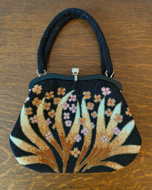 Vintage 1950s Fine Hand Beaded Black Handbag with Flower and Leaf Pattern Mint Condition