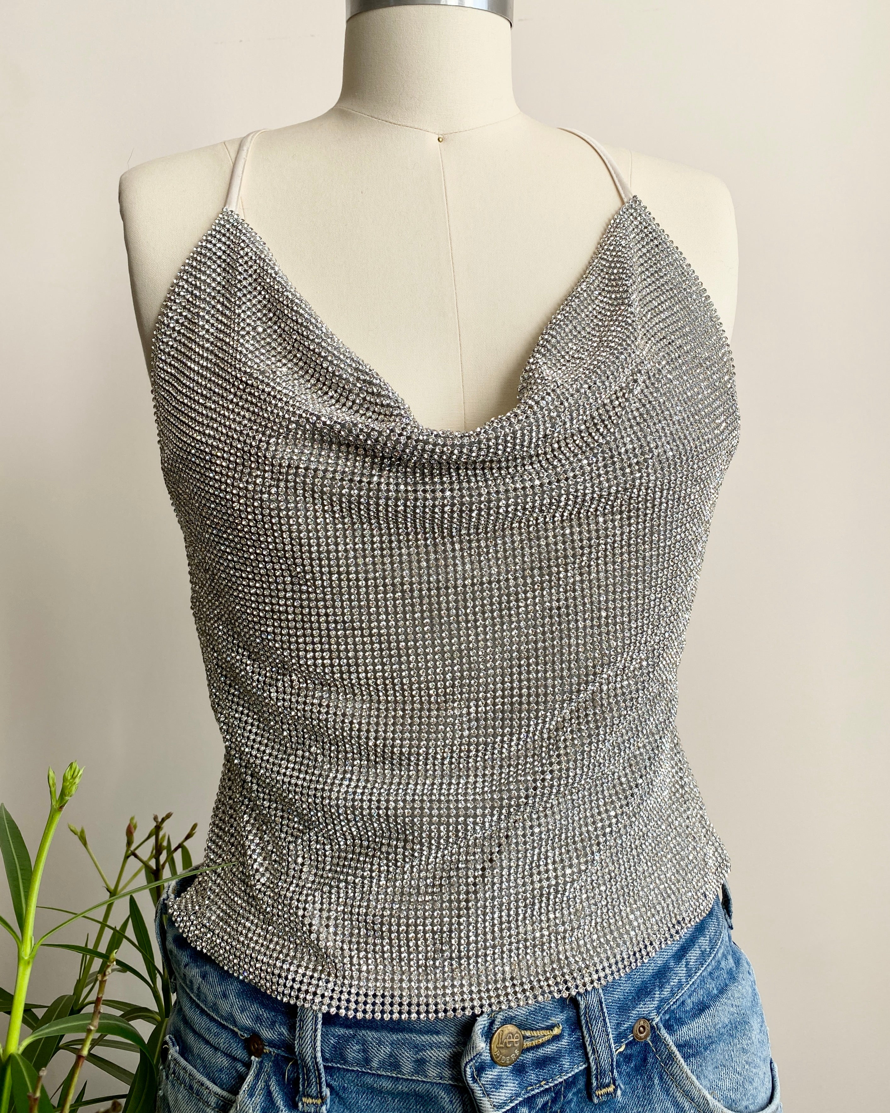 Vintage 1990s Rhinestone Chain Mail / Metal Mesh / Metal Net Cowl Neck Spaghetti Strap Top SM 4 6