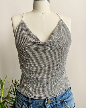 Vintage 1990s Rhinestone Chain Mail / Metal Mesh / Metal Net Cowl Neck Spaghetti Strap Top SM 4 6
