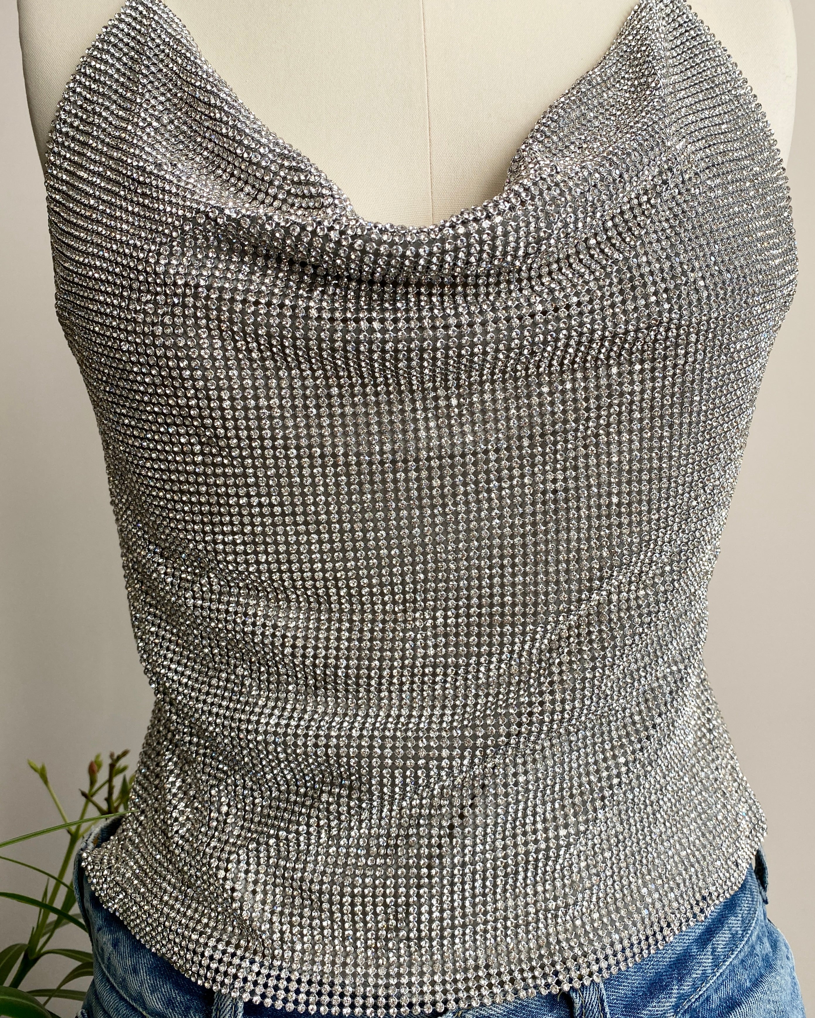 Vintage 1990s Rhinestone Chain Mail / Metal Mesh / Metal Net Cowl Neck Spaghetti Strap Top SM 4 6