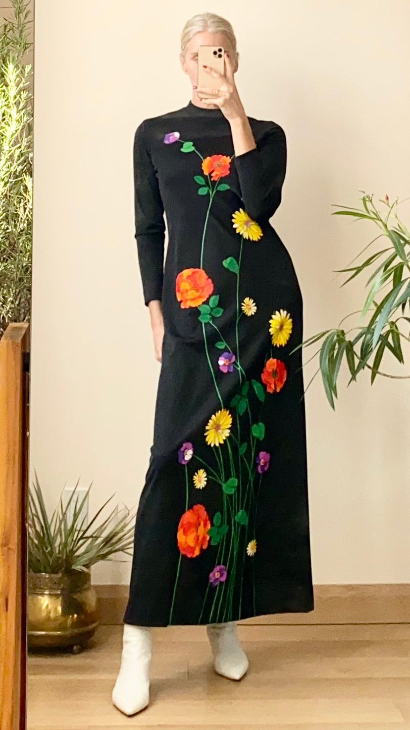 Vintage 1970s LILLI DIAMOND CALIFORNIA Black Jersey Maxi Long Dress with Floral Appliqué M