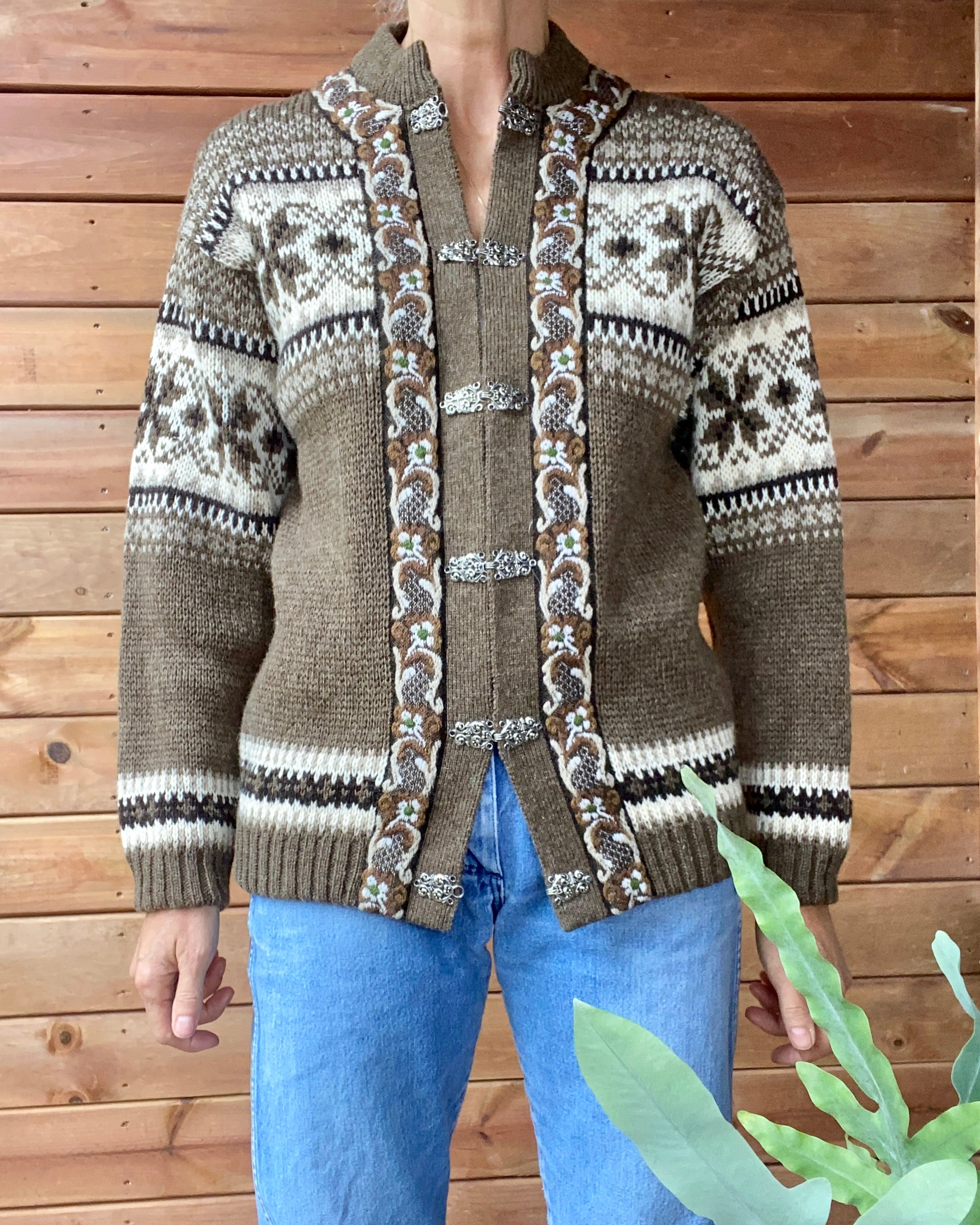 Vintage FJORD FASHION Ski Setesdal Fair Isle Norwegian Brown Sweater Cardigan M