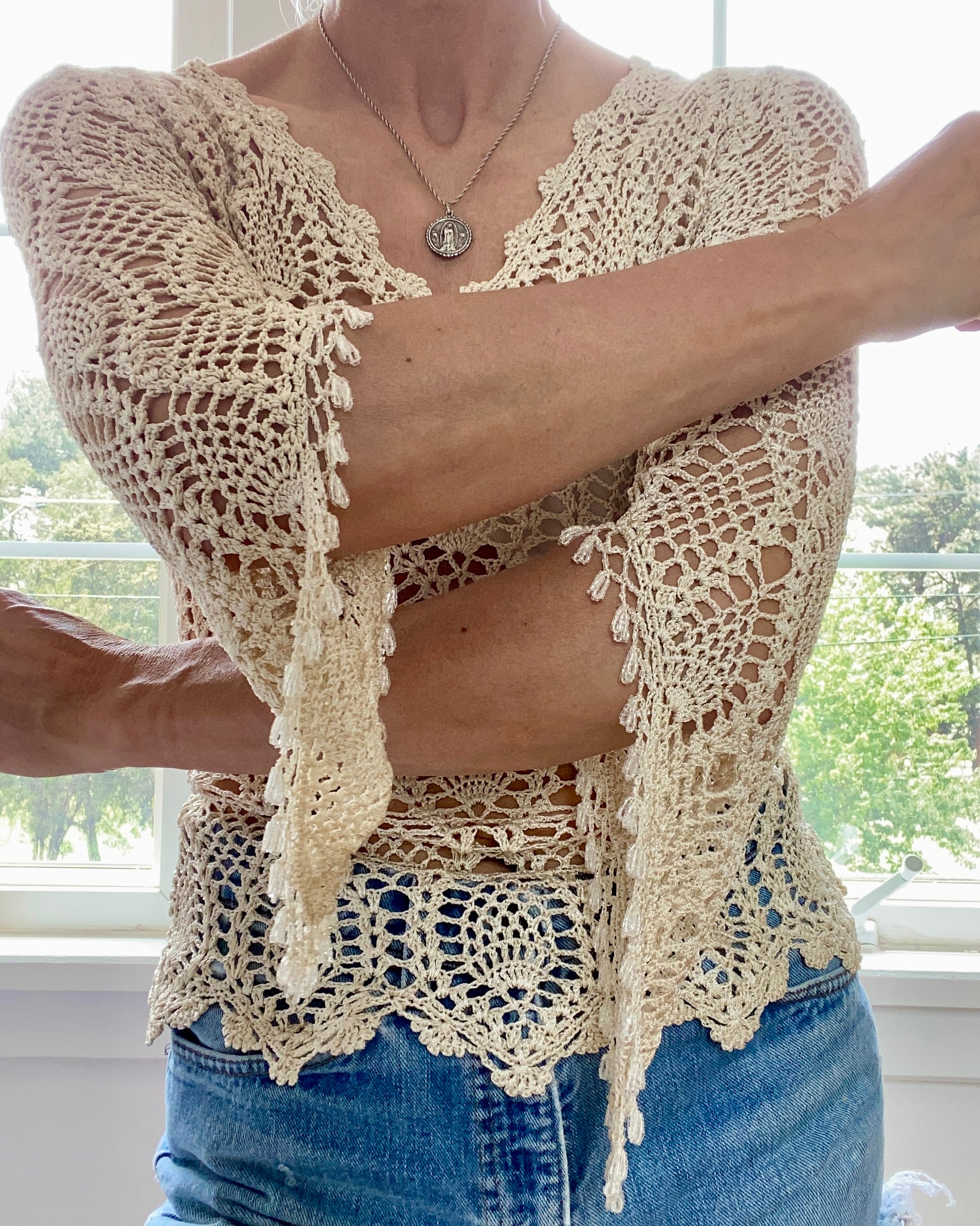 VINTAGE Tan Crochet Beaded Top