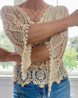 VINTAGE Tan Crochet Beaded Top
