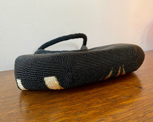 Vintage 1950s Fine Hand Beaded Black Handbag with Flower and Leaf Pattern Mint Condition
