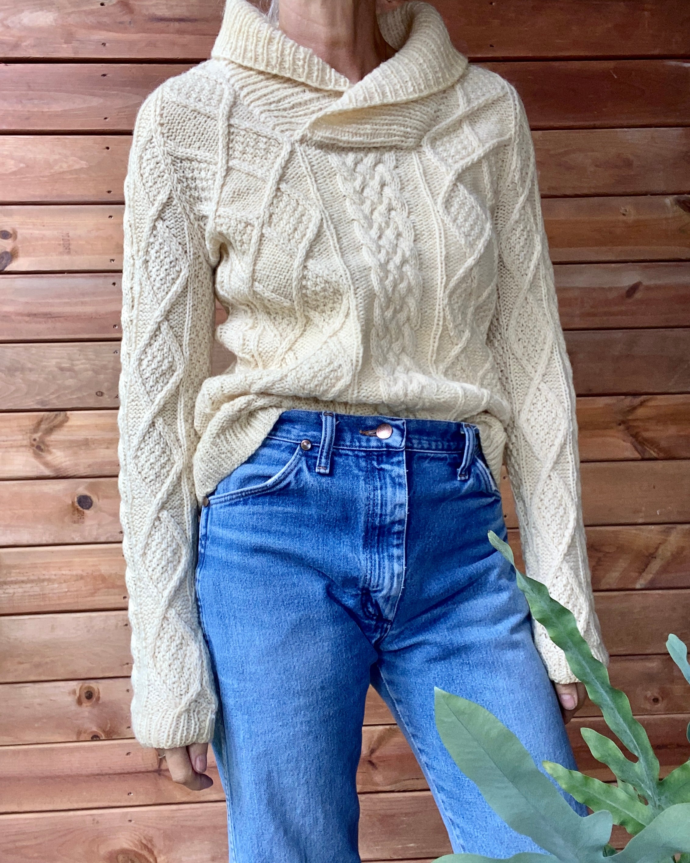 Vintage Handknit Cream Irish Fisherman Cable Sweater with Shawl Collar S M