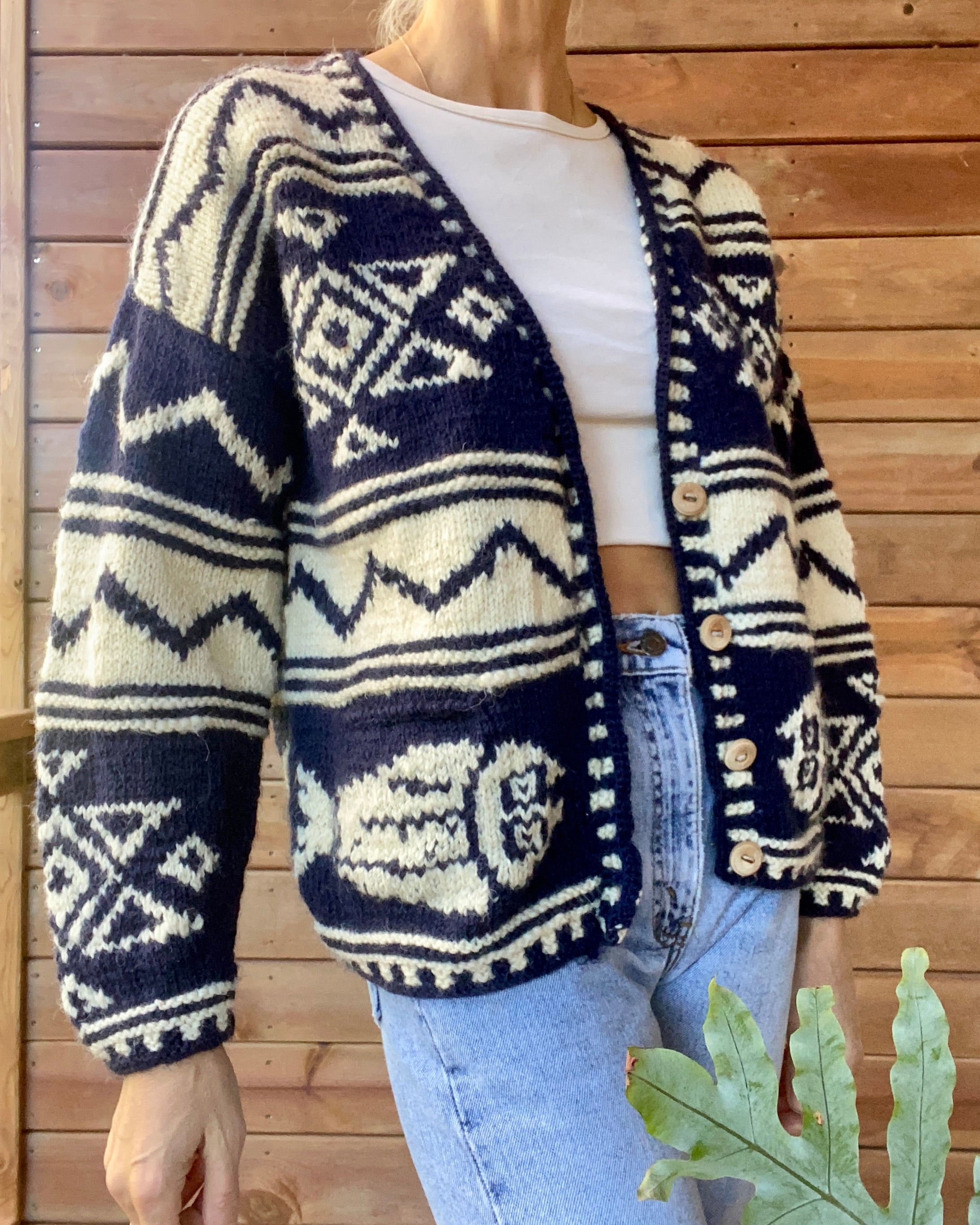 Vintage Hand Knit Navy and Cream Nautical Patterned Wool Cardigan