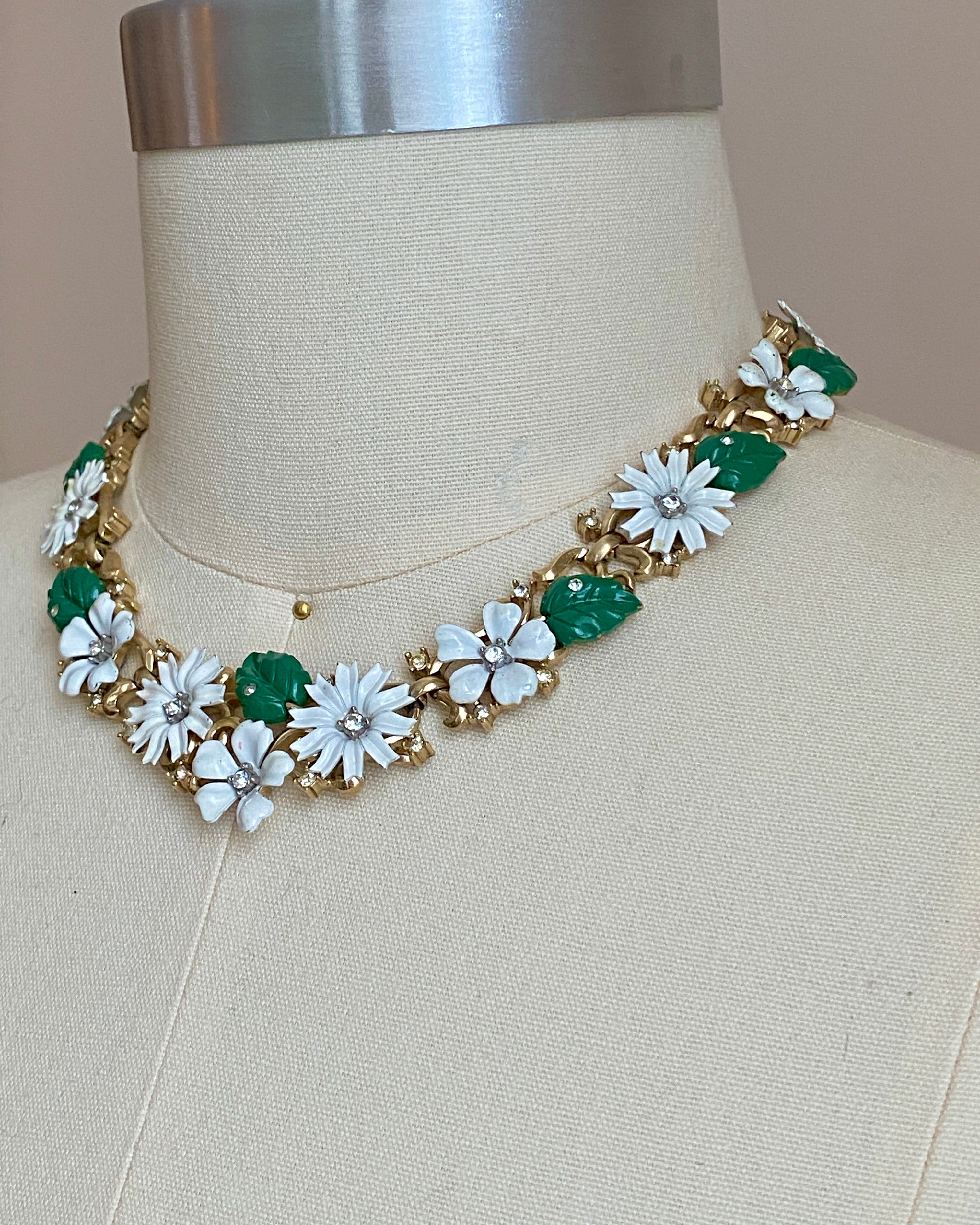 Vintage 1950s Crown TRIFARI White & Green Enamel and Rhinestone Gold Tone 3D Floral “Tremblers “ Bridal Parure