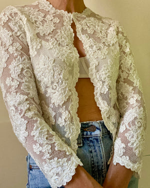 Vintage 1980s White Floral Soutache Lace On Mesh Net with Beading Top Cardigan S SM 4