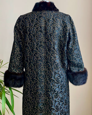 Vintage 1960s Black and Gold Floral Brocade Evening Coat with Mink Fur Trim New Condition S