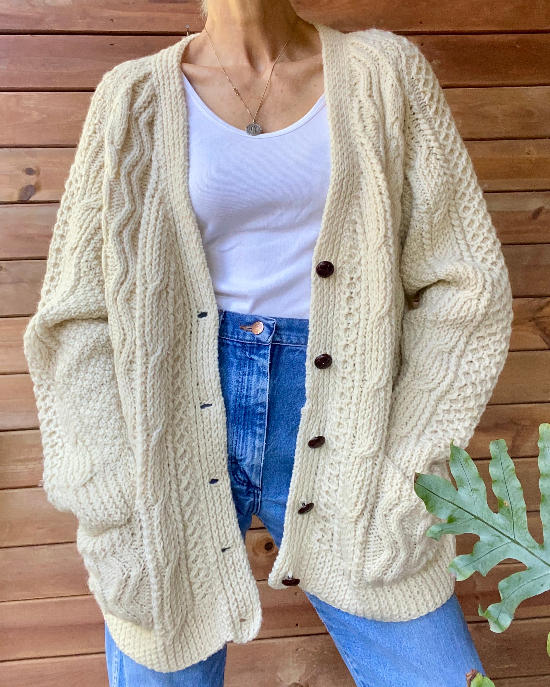 VINTAGE Handknit Fisherman Cable Wool Cardigan L