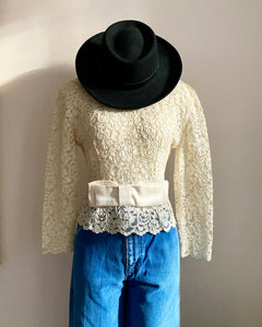 Vintage 1950s Couture Cream Floral Soutache Lace Top Blouse with Bow and Peplum M