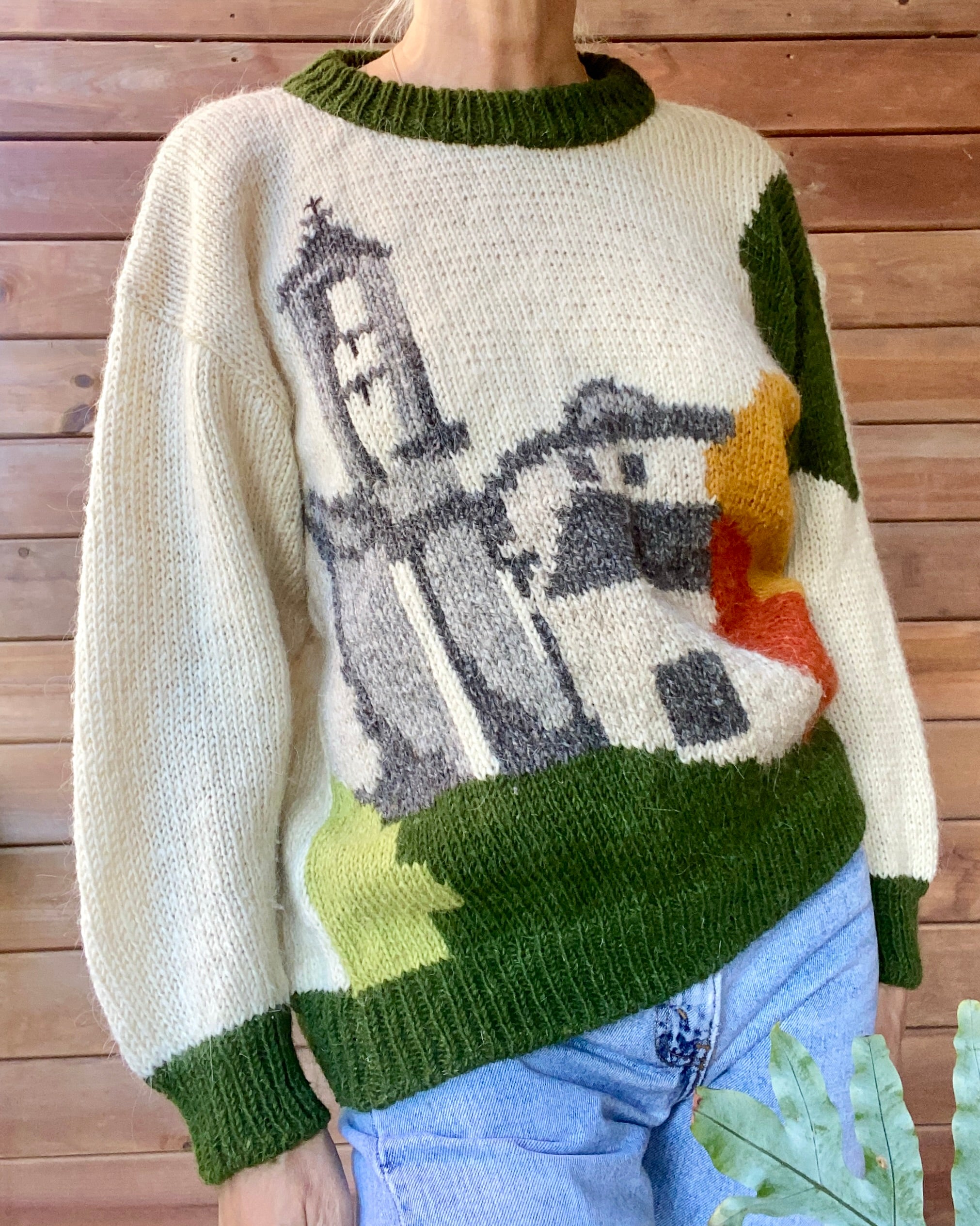 Vintage 1990s LANA CORSA Wool Scenic Country Village Landscape Folk Sweater Made in France M