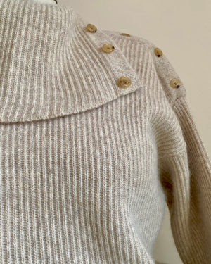 Vintage 1990s Casual Corner Tan Marle Rib Wool Angora Blend Turtleneck with Buttons Sweater M