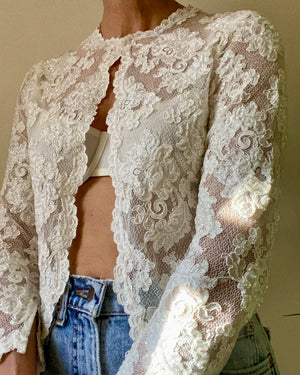 Vintage 1980s White Floral Soutache Lace On Mesh Net with Beading Top Cardigan S SM 4