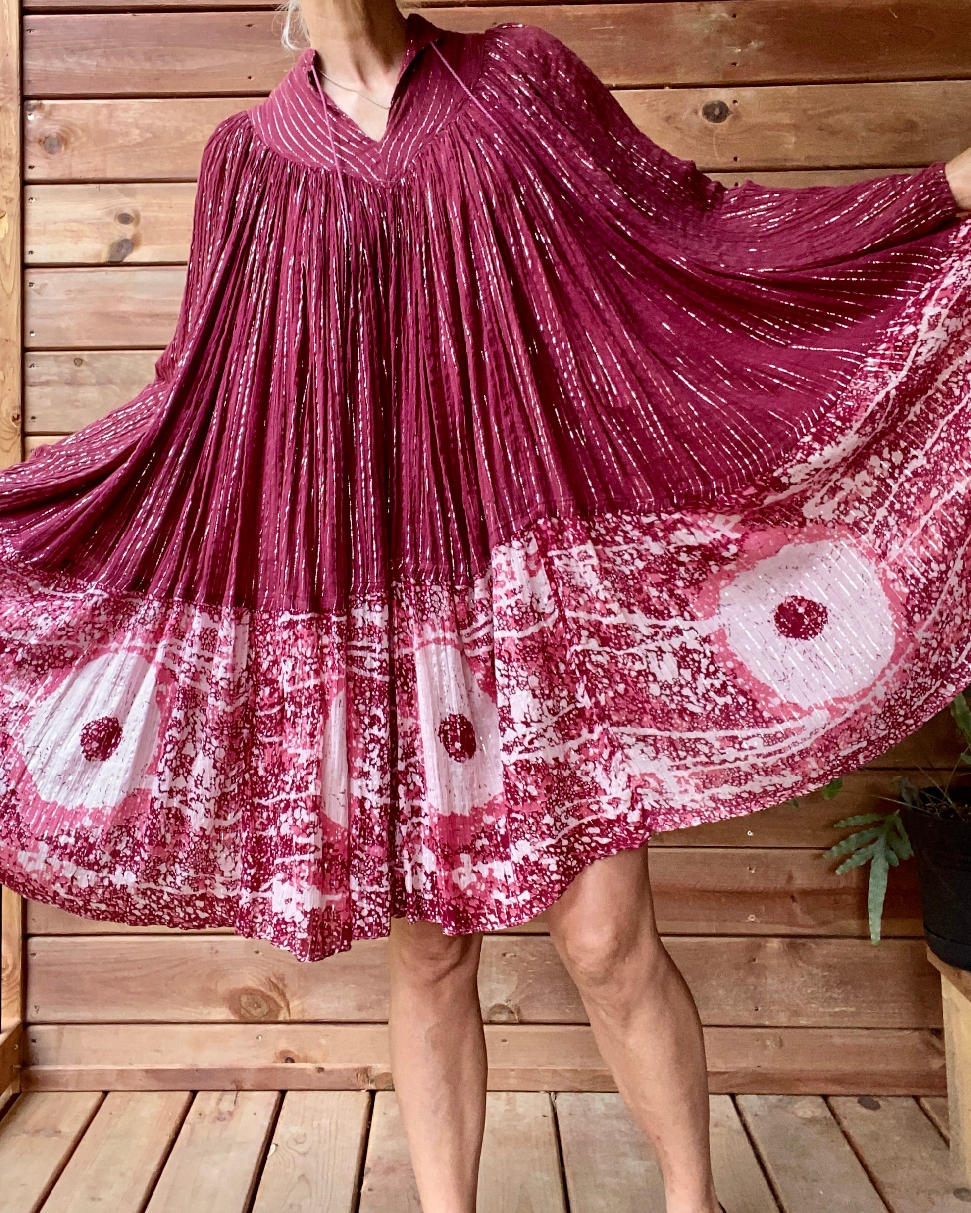 Vintage 1970s PARADIS Indian Cotton Gauze Cherry Red Batik and Lurex Dress