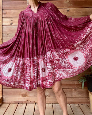 Vintage 1970s PARADIS Indian Cotton Gauze Cherry Red Batik and Lurex Dress