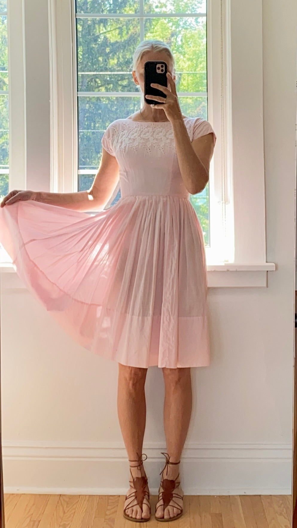 Vintage 1950s Pink Cotton and Lace and Eyelet Pleated Dress M