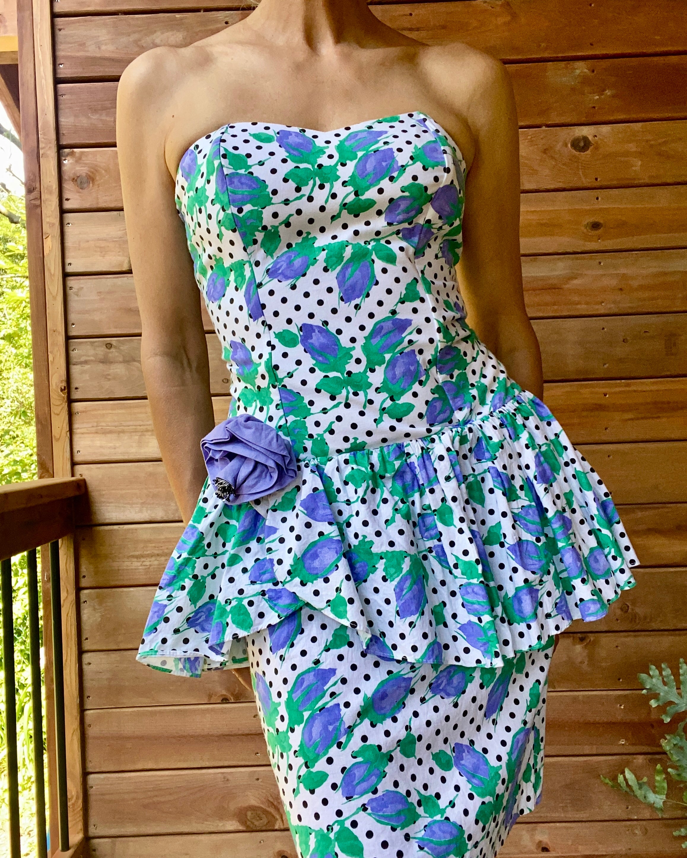 Vintage 1980s Cotton Polka Dot With Purple Rose Print Bustier Dress and Ruffle Peplum - Union Made ILGWU in USA Size M