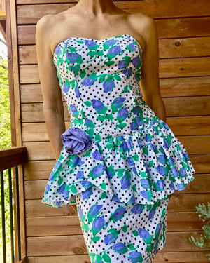 Vintage 1980s Cotton Polka Dot With Purple Rose Print Bustier Dress and Ruffle Peplum - Union Made ILGWU in USA Size M