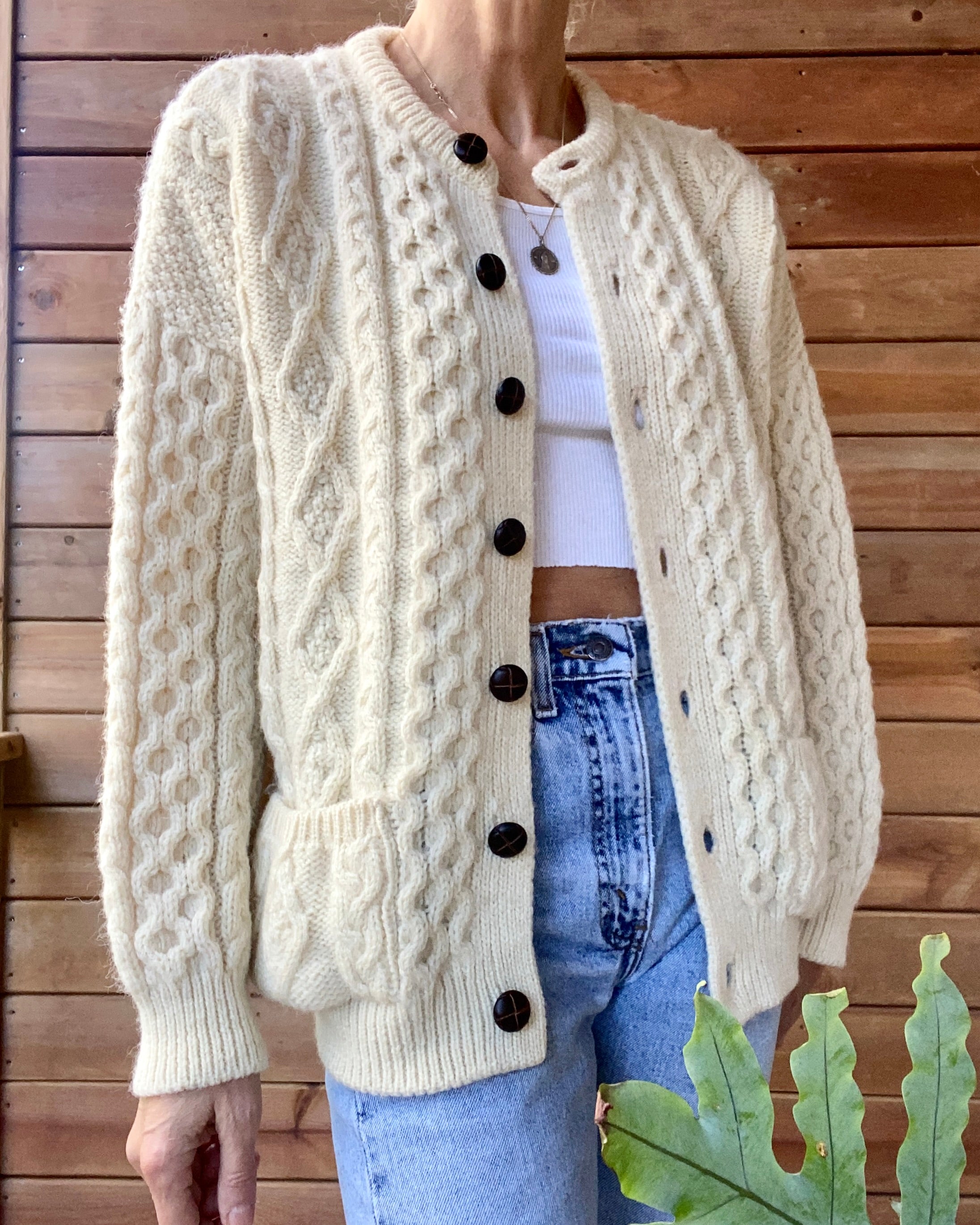 Vintage Handknit Cream Cable Fisherman Sweater Cardigan M