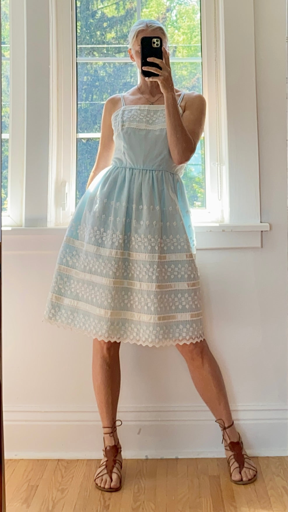 VINTAGE 1960s Baby Blue Lace and Eyelet Summer Fit and Flare Spaghetti Strap Dress M